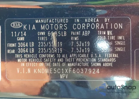 2015 Kia Sedona Sx Luxury from USA, damaged, VIN KNDME5C1XF6037924